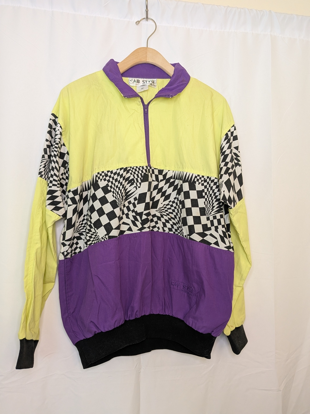 Vintage Cab Style Neon Yellow, Purple & Black Checkerboard Windbreaker